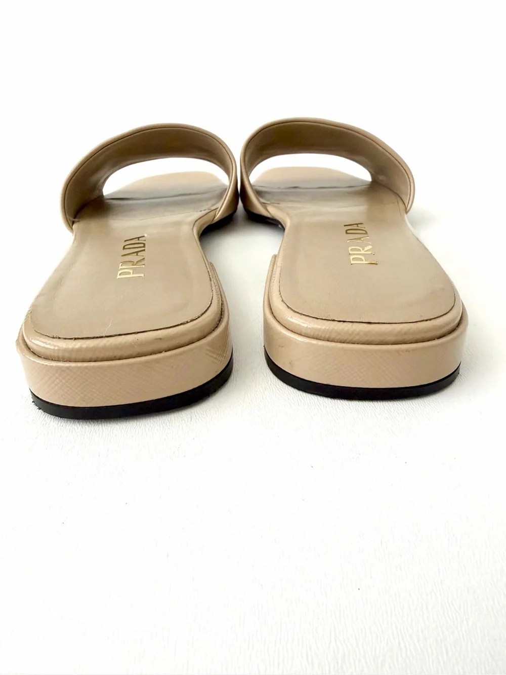 PRADA | Saffiano Patent Leather Triangle Logo Slides Sandals Flats Beige Sand 38